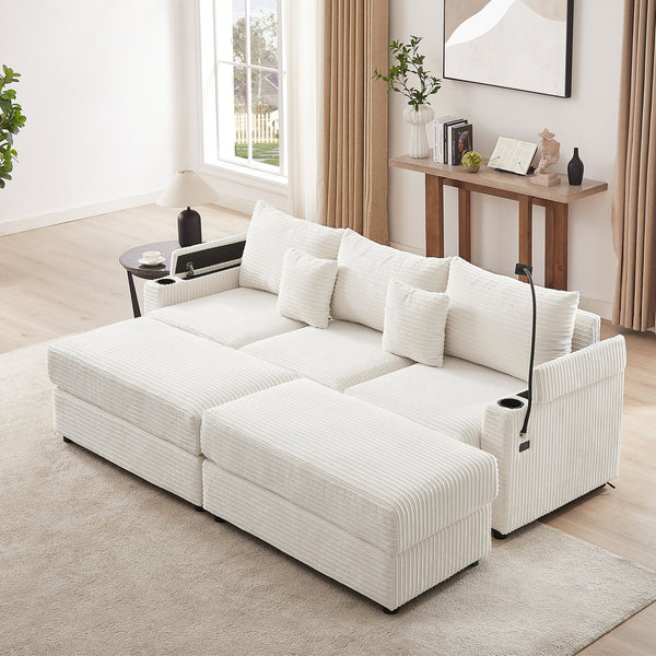 English Elm 95.3" Modern 3-Seater Sectional Sofa With Dual Ottomans, Usb Ports, Cup Holders & Hidden Storage N719S001613A