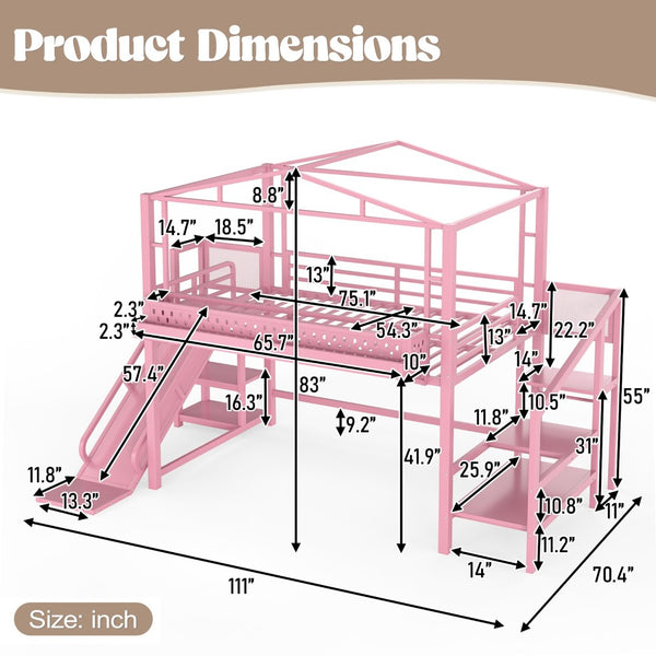 English Elm Twin Metal Loft Bed with Built-in Wardrobe Storage Stairs Led Lights and Usb Ports W5316S00048
