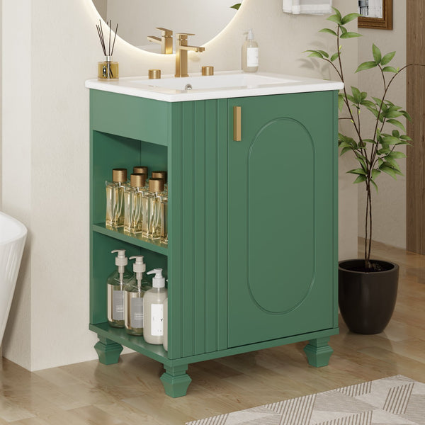 English Elm Christopher Knight Home® - 24" Retro Bathroom Vanity with Ceramic Sink, Solid Wood Frame, Soft-Close Door, Ample Storage Green N759P293645F