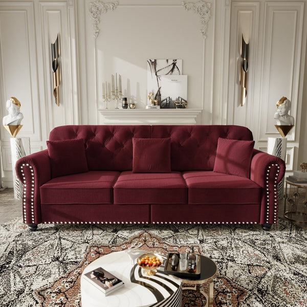 English Elm Upholstered Velvet Chesterfield Sofa with Button Tufting Brass Nailhead and Ottoman Burgundy W1885S00393
