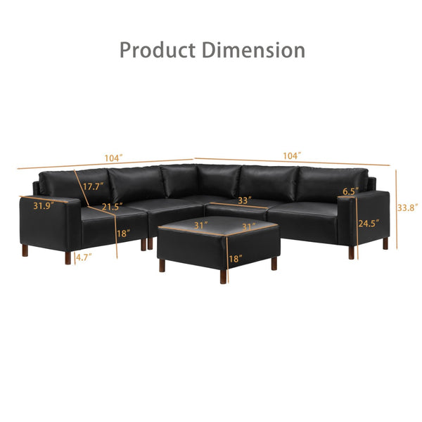 English Elm Modern Modular L-shaped Sectional in Matte Pu Leather with Ottoman Six Piece Black W1097S00264