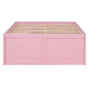 English Elm Full Size Kids Platform Bed with Led Lighting Bookshelf Display Cabinet and Storage Drawer Pink+White N820S00077H
