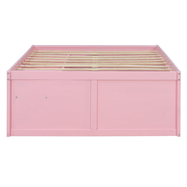 English Elm Full Size Kids Platform Bed with Led Lighting Bookshelf Display Cabinet and Storage Drawer Pink+White N820S00077H