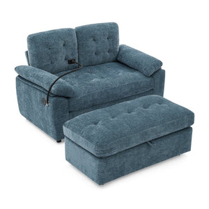 English Elm Leisure Chenille Two Seat Reclining Sofa with Usb Port Storage Ottoman Padded Armrests Blue W487S00516