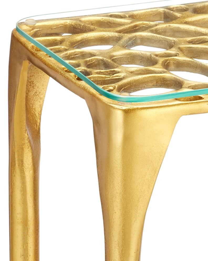 Currey & Company Honeycomb Gold Console Table By Marjorie Skouras – Artistic Aluminum Design With Unique Honeycomb Pattern Gold Cast Aluminum ,Glass 4000-0232-currey-company