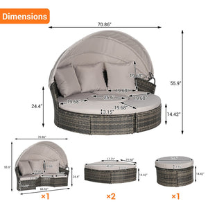 English Elm 5 Piece Outdoor Wicker Daybed Set with Retractable Canopy and Quick Dry Cushions Light Gray W874S00034