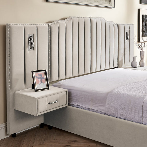 English Elm Queen Velvet Platform Bed with Tufted Headboard Integrated Nightstands and Striped Design Beige W487S00440