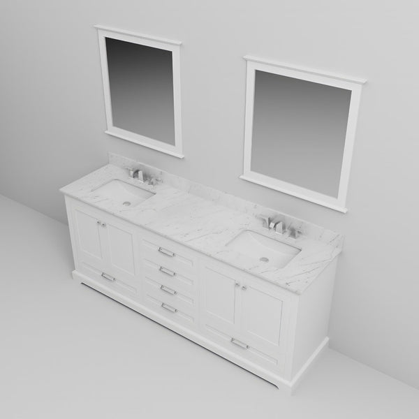 English Elm White Double Bath Vanity With Carrara Marble Top, Chrome Faucet, And Elegant 30" Mirrors Included B2731S01029-GIGA