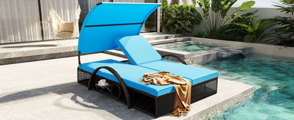 English Elm U_style Outdoor Double Sun Lounger Hdpe Wicker Steel Frame with Canopy Pop up Tables Blue WY000485AAC