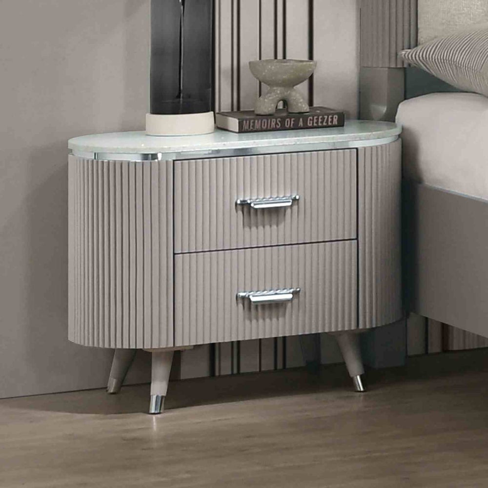 English Elm Contemporary Stone Top Nightstand Reeded Drawers Chrome Pulls Gray Bedroom Storage B2741P435312