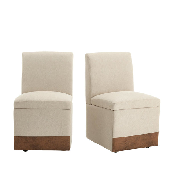 English Elm COOLMORE Swivel Rolling Dining Chair with Hidden Storage, Linen Upholstered 4-Wheel Multiuse Seat Beige W1539P277679