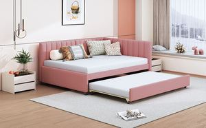 English Elm Full Size Linen Upholstered Daybed with Pull Out Trundle Sofa Frame for Bedroom Pink LP000173AAH-1