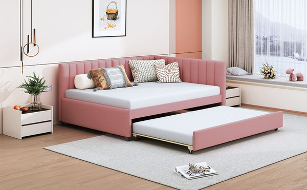 English Elm Full Size Linen Upholstered Daybed with Pull Out Trundle Sofa Frame for Bedroom Pink LP000173AAH-1