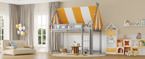 English Elm Twin Solid Wood Loft Bed with Led Lights Canopy Bookshelf for Kids Bedroom Gray N7090002241E