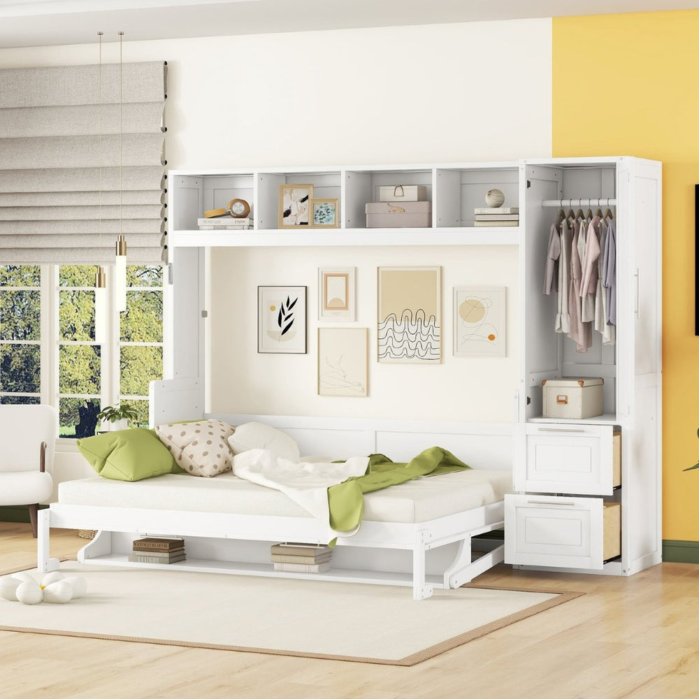 English Elm Queen Murphy Wall Bed with Integrated Wardrobe and Drawers for Studio or Guest Room White LP000793AAK-2