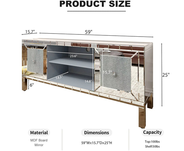 English Elm 60" Mirrored TV Stand with Crushed Diamond Doors, 64" Solid Wood Media Console w/ Open Shelves & Antique Silver Glam Storage W1445P301422