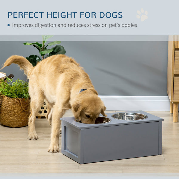 English Elm PawHut Elevated Dog Bowls with Hidden Storage Drawer, 2 Stainless Steel Bowls, Gray, Medium W2225P200774