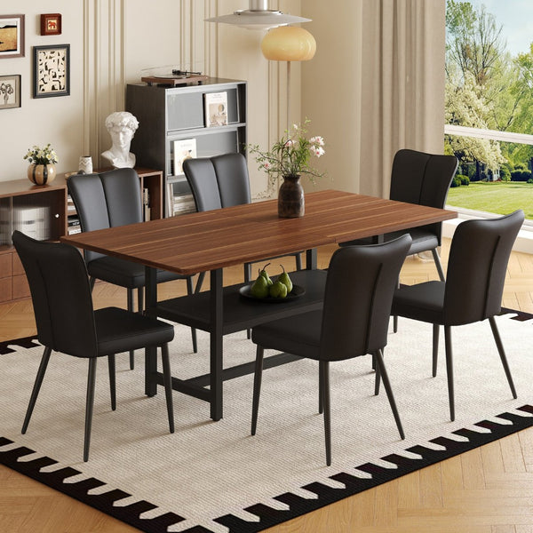 English Elm Table Set: Stylish Walnut Grain Dining Table With 6 Ergonomic Black Pu Chairs For Modern Homes W1151S04286-GIGA