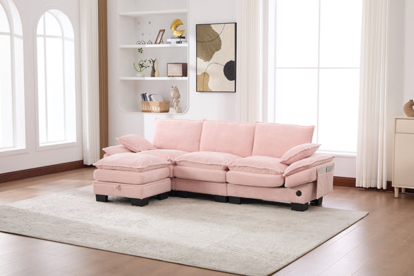 English Elm Sectional Cloud Sofa Modular Deep Seat Corduroy Upholstered Living Room Couch with Storage Pink W395S00131