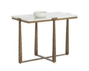Sunpan Cowell Side Table - Elegant Rustic Oak Design with Carved Doors and Soft Close Hinges for Modern Homes Antique Brass