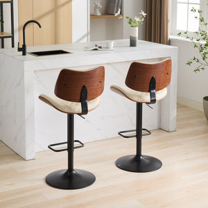 English Elm Walnut Mid-Century Bentwood Swivel Bar Stool — Ergonomic Faux Leather Seat, Wide Stable Base Beige W1143P173515
