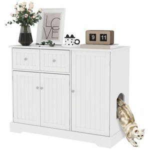 English Elm 39" White Mdf Cat Litter Box Enclosure Side Table with Storage Cabinet and Drawers T3971P404601