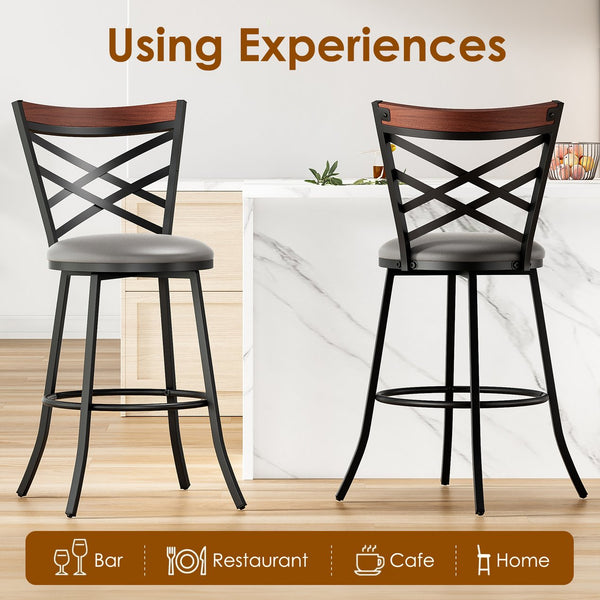 English Elm Mid Century Modern Swivel Bar Stools Set of 2 — Counter Height Faux Leather Seats, 360° Rotation, Gray T3623P407846
