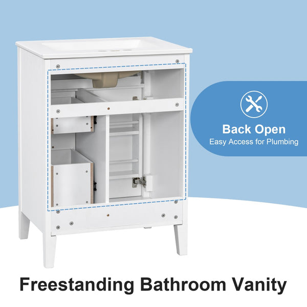 English Elm "24'' 24 Inch Glossy Freestanding Bathroom Vanity with Gold Hardware and Soft Close Storage White Rubberwood N725P448529K