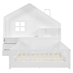 English Elm Full Size House Bed White Wood Frame with Drawers Shelves and Built in Usb Charging LT000423AAK-1
