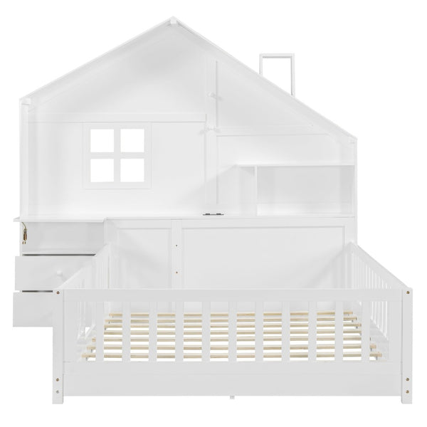 English Elm Full Size House Bed White Wood Frame with Drawers Shelves and Built in Usb Charging LT000423AAK-1
