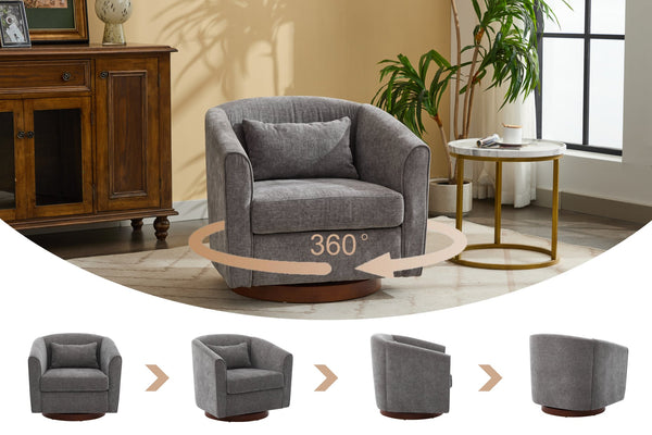 English Elm Swivel Teddy Barrel Chair with 360° Rotation, Plush Upholstered Bucket Seat, Solid Wood Frame Grey W2606P187691