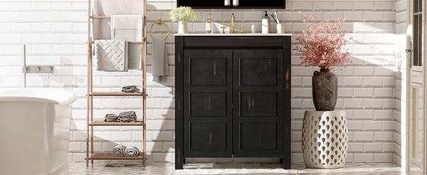 English Elm 30" Rustic Bathroom Vanity Espresso with Ceramic Sink, Soft-Close Doors, Adjustable Shelves, Open-Back Plumbing-Friendly Storage N729P290712P