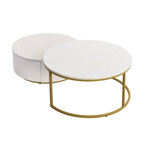 English Elm Modern Round Nesting Coffee Table Fluted with Drawer in Gold Finish — Elegant MDF Top, Space-Saving Design White N735P254992K