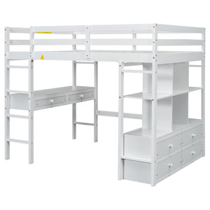 English Elm Full Loft Bed with Built-in Desk, 4 Drawers, 6 Shelves, Pine/MDF White — Space-Saving Study Loft SM000320AAK