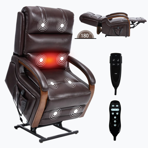 English Elm Power Lift Recliner with Dual Motor Heat Massage Wood Armrests Brown Leatheraire W1803S00080
