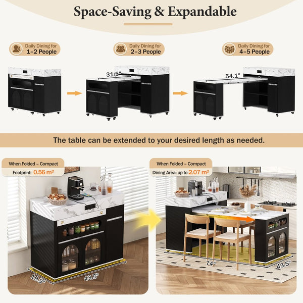 English Elm Trexm Rolling Kitchen Island Extendable Marble Top Cabinet Drawers Power Outlet Black,White Marble XW000029AAB