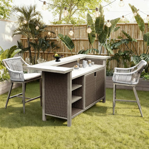 English Elm Outdoor Wicker Aluminum 3 Piece Bar Set with Stools Storage and Propane Compartment W1859S00178