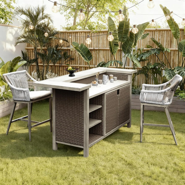 English Elm Outdoor Wicker Aluminum 3 Piece Bar Set with Stools Storage and Propane Compartment W1859S00178
