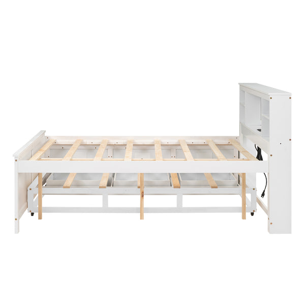 English Elm Full Full Size Platform Bed with Storage Headboard, USB Ports, Twin Trundle & 3 Drawers, Solid Wood White GX000720AAK