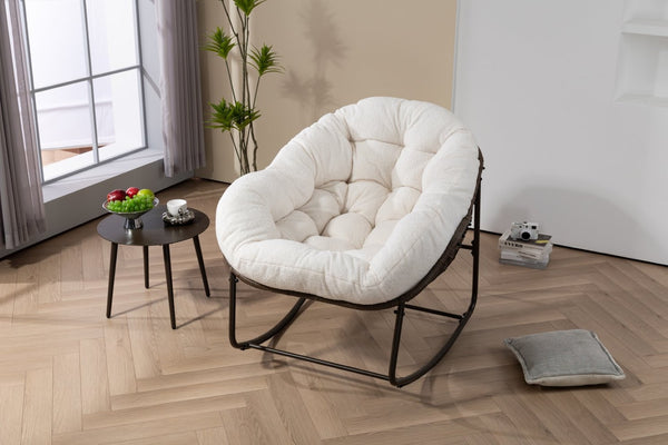 English Elm Outdoor Woven Rattan Egg Rocking Chair with Padded Cushion for Patio Porch Resort Lounge Ancient White W640P499471