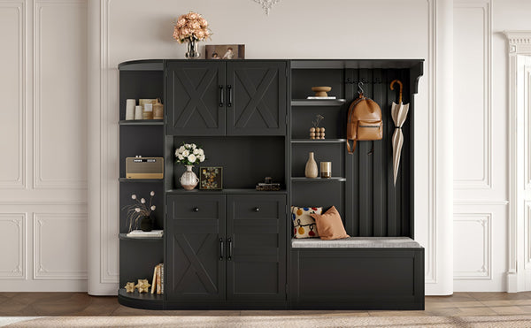 English Elm Multifunctional Hall Cabinet With 4 Hooks - Smart Split Design For Living Room, Kitchen & Hallway Storage W1580S00186-GIGA