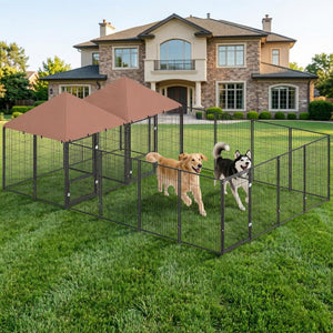 English Elm Large Steel Welded Wire Outdoor Dog Kennel Two Rooms Pvc Roof Adjustable Bowls T3971S00246
