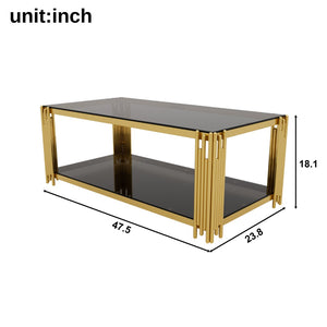 English Elm Modern Glam Rectangular Coffee Table with Mirrored Top Gold Sculptural Frame Open Shelf Black N735P380099B