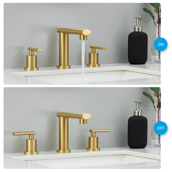 English Elm Brushed Gold Widespread Bathroom Faucet - Low-Arch Design With Pop-Up Drain & Supply Lines Included T3177P277503