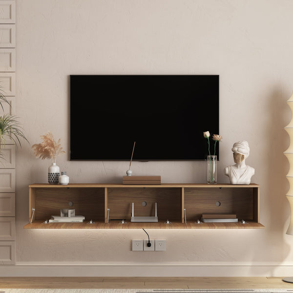 English Elm Floating LED TV Stand Wall Mounted with 16-Color Ambience, Modern Floating Cabinet with Ample Storage for 55–65" TVs Wood 74.8 L x 21.46 W x 5.51 H W1321P301176