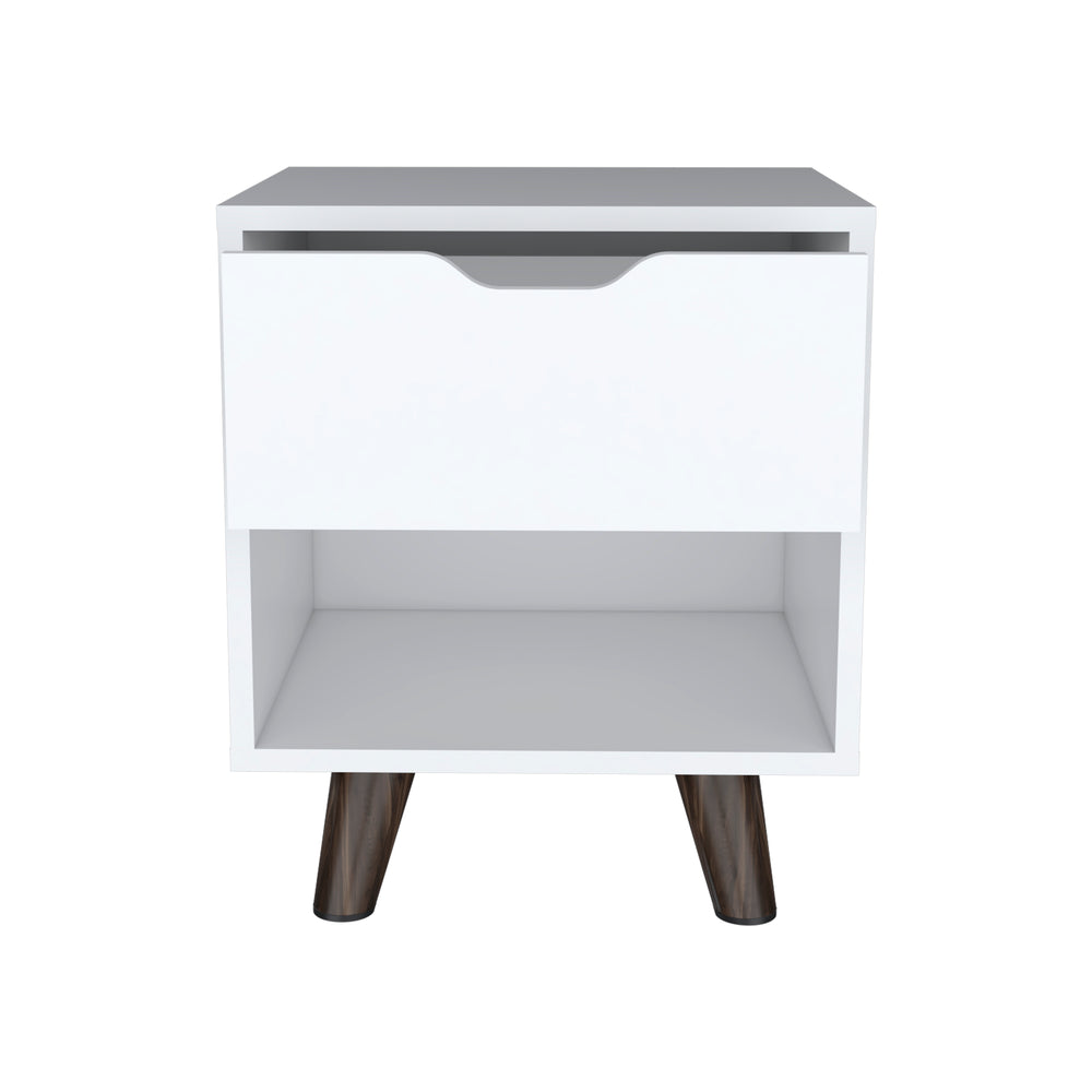 English Elm Modern Nightstand With Stylish Wooden Legs, Spacious Drawer & Open Shelf For Organized Living B097132941