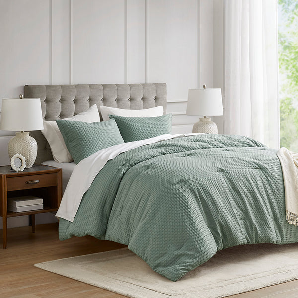 JLA Home Comfort Spaces - Waffle Plush Comforter Set with Breathable Waffle Weave Texture, Year-Round Cozy Warmth & Easy Care Sage Green AM10-0013