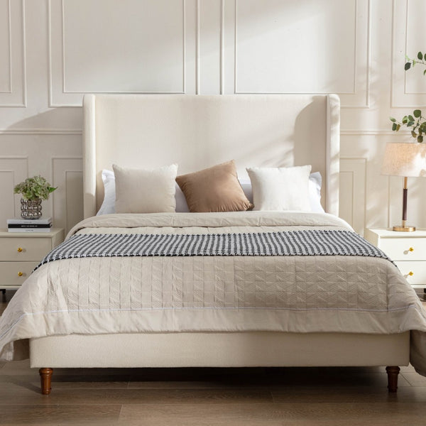 English Elm Harper Wingback King Bed Ivory Boucle Upholstery Walnut Legs Elegant Master Bedroom B191P458351