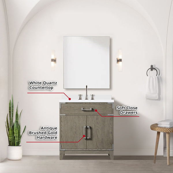English Elm Grey Oak Single Bath Vanity with White Quartz Top, 30" W, Mirror & Chrome Faucet Set, Durable Finish B2731S02006