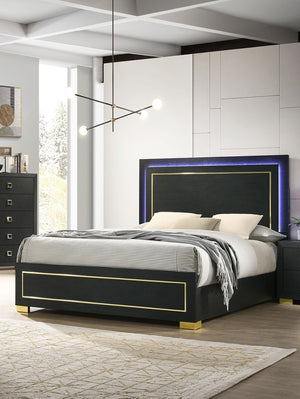 English Elm Contemporary Queen Bedroom Set Matte Black Wood Gold Legs Led Headboard Nightstands B2741S00157